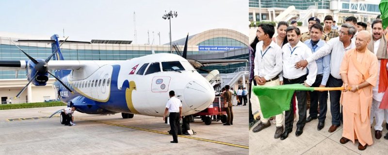 UPCM वाराणसी में बुद्धा एयर के विमान को हरी झण्डी दिखाकर काठमाण्डू के लिए रवाना करते हुए