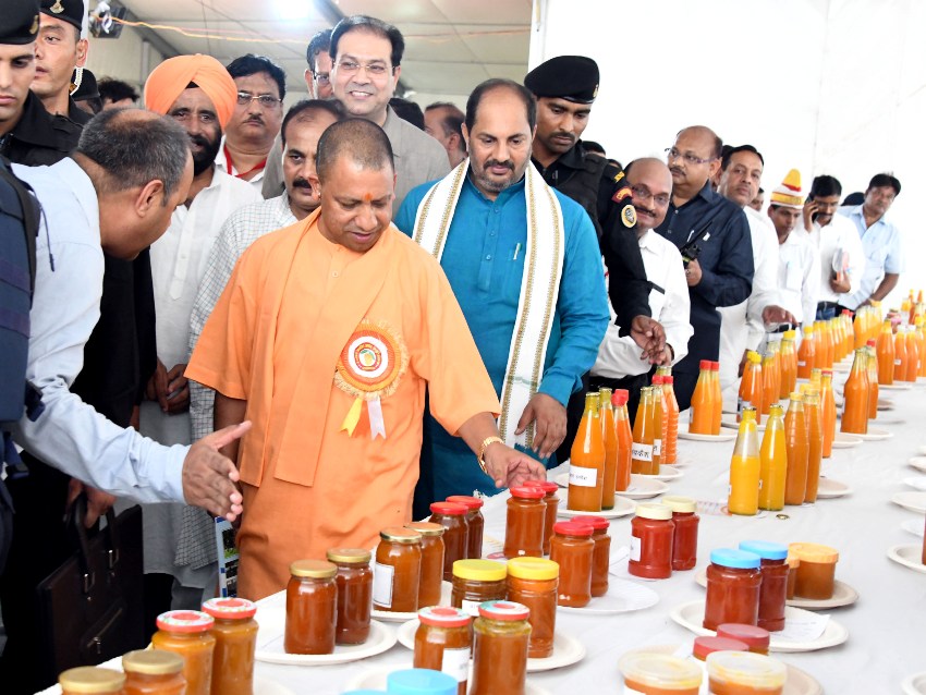 UPCM लखनऊ के इंदिरा गांधी प्रतिष्ठान में आयोजित 'उत्तर प्रदेश आम महोत्सव-2018' में लगाए गए स्टॉल्स का अवलोकन करते हुए