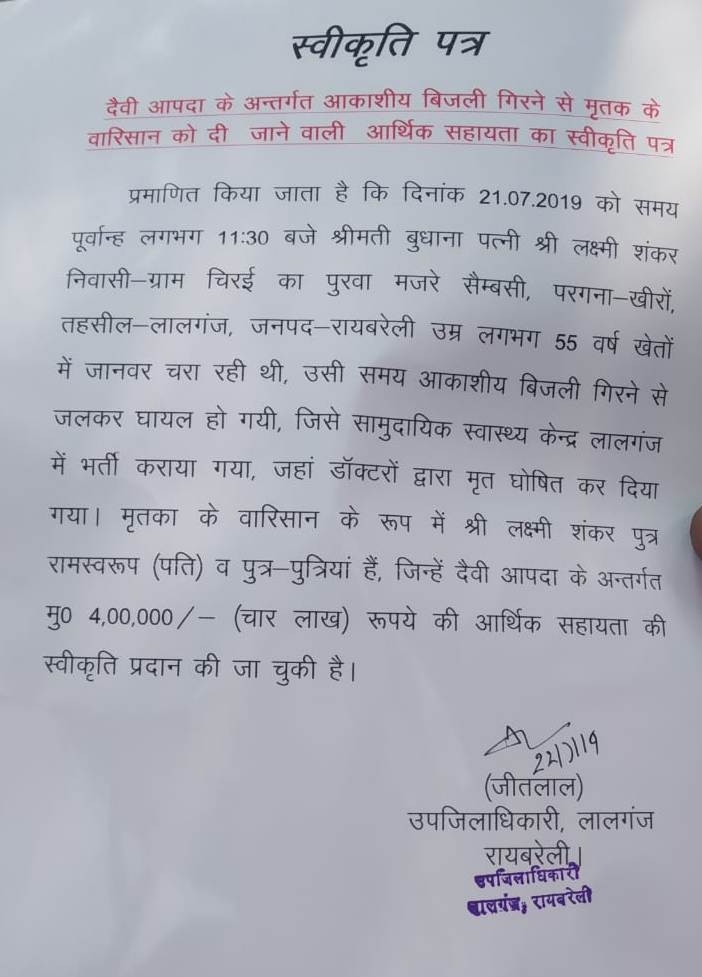 मंत्री नन्द गोपाल नन्दी ने रायबरेली में मृतक और पीड़ितों के परिवारजनों को 4 लाख रुपये के प्रपत्र प्रदान किये